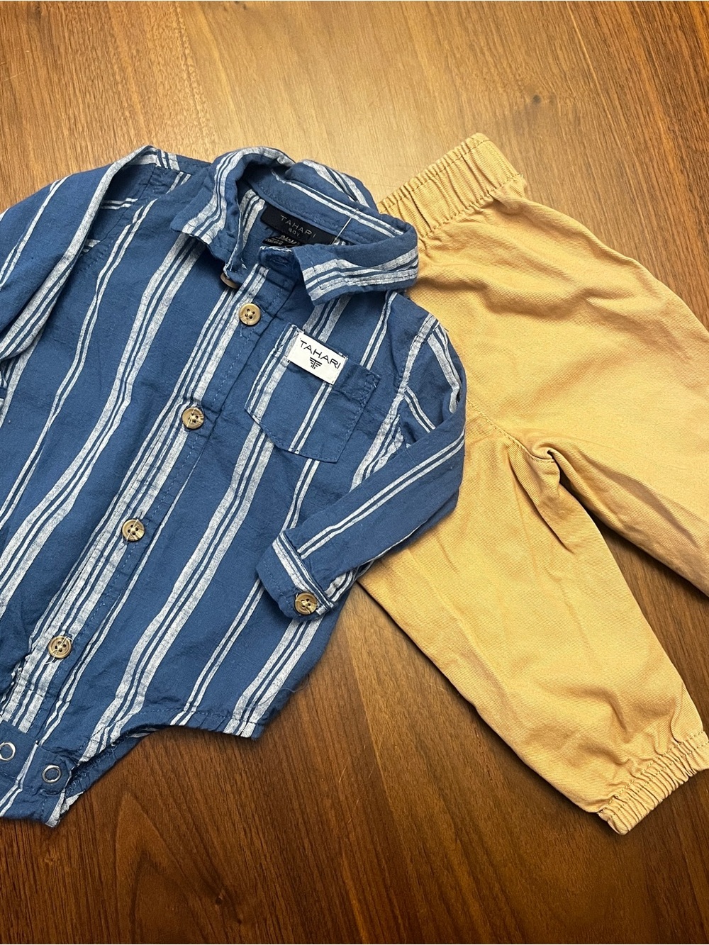 Tahari Blue Striped Button-Front Bodysuit with Mustard Jogger Sweatpants